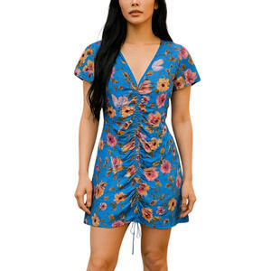 Abound Blue Floral Short Sleeve Ruched Mini Bodycon Dress Size Large NWT